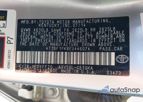 2014 Toyota Camry Se z USA, uszkodzony, nr VIN 4T1BF1FK8EU446074